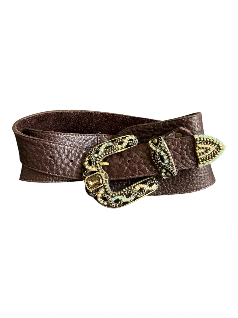 Leatherock Brown Leather Belt Rhinestone Ornate Turquoise Buckle Cowgirl‎ Large